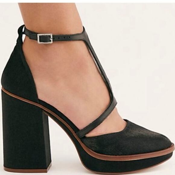 Free People Wythe Platform Heels Women's 7.5 38 Black Block Heel Open Toe - Picture 4 of 10